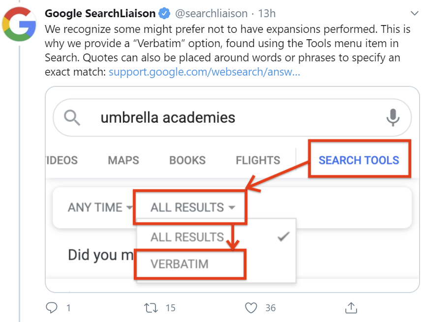 Google: Das Ausweiten der Suchbegriffe kann per Suchfilter 'wortwörtlich' vermieden werden