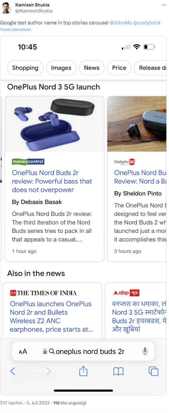 Google testet Autorennamen in den Top Stories: Kamlesh Shukla auf Twitter