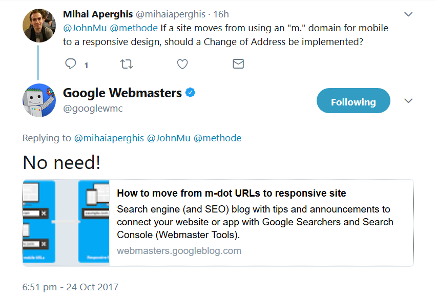 Google: bei Umzug von m.-Domain auf responsive kein Adresswechsel nötig