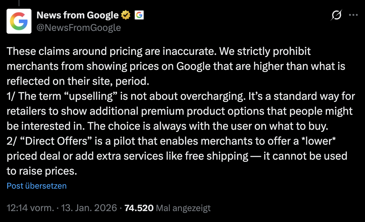 Google: Upselling bei UCP bedeutet keine überzogenen Preise