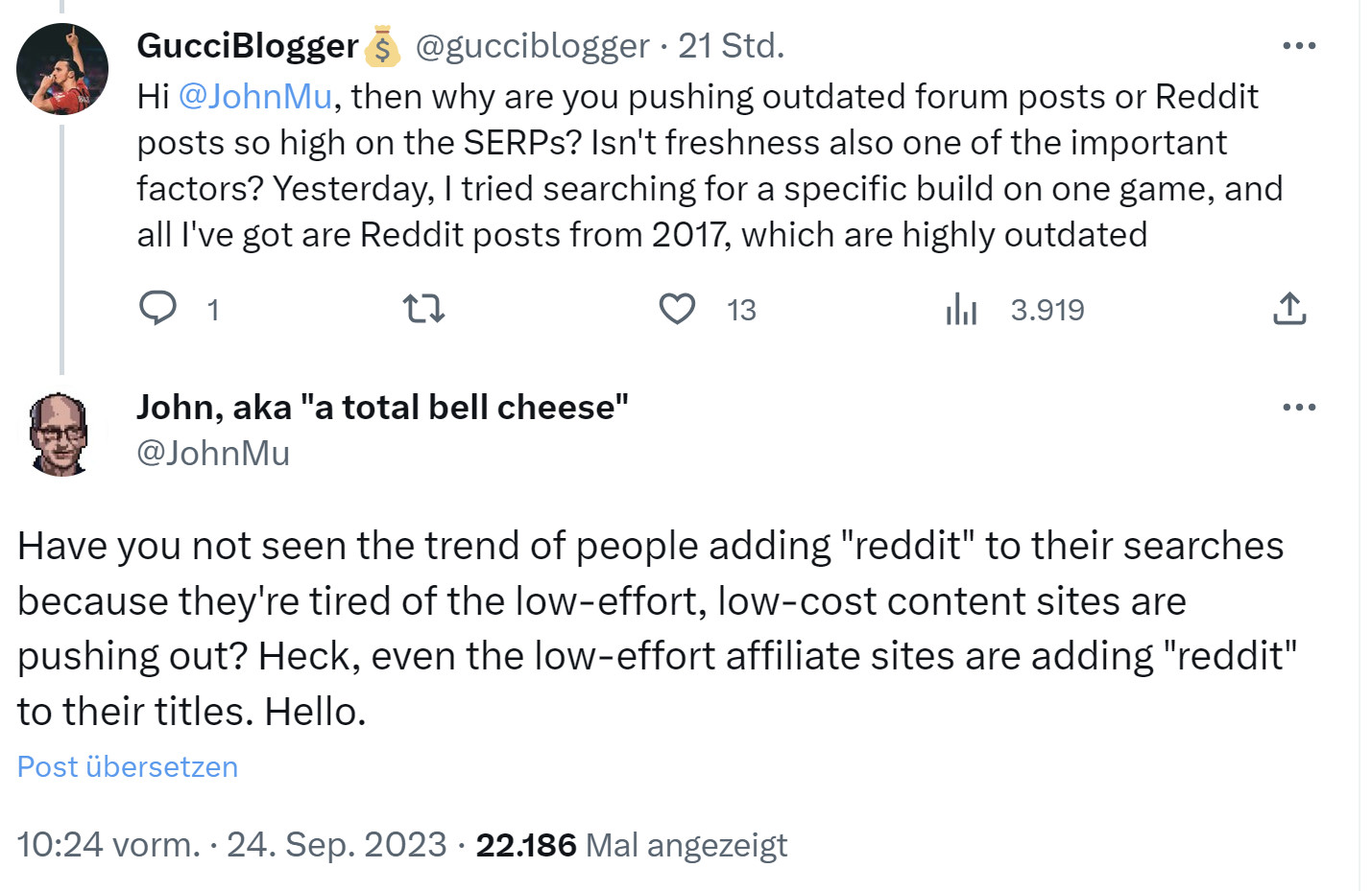John Müller: Viele Nutzer fügen inzwischen 'Reddit' zu ihren Suchanfragen hinzu