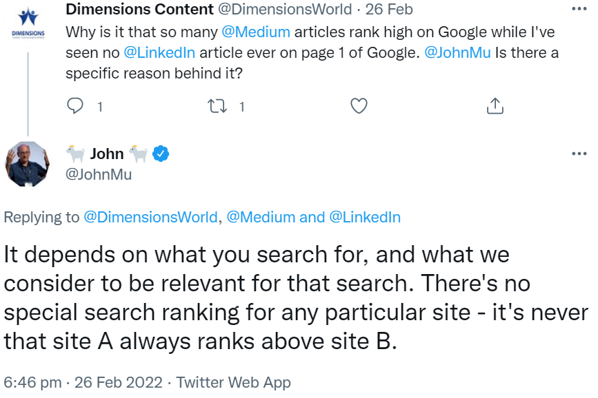 John Müller auf Twitter: 'Website A rankt niemals für alle Keywords vor Website B.'