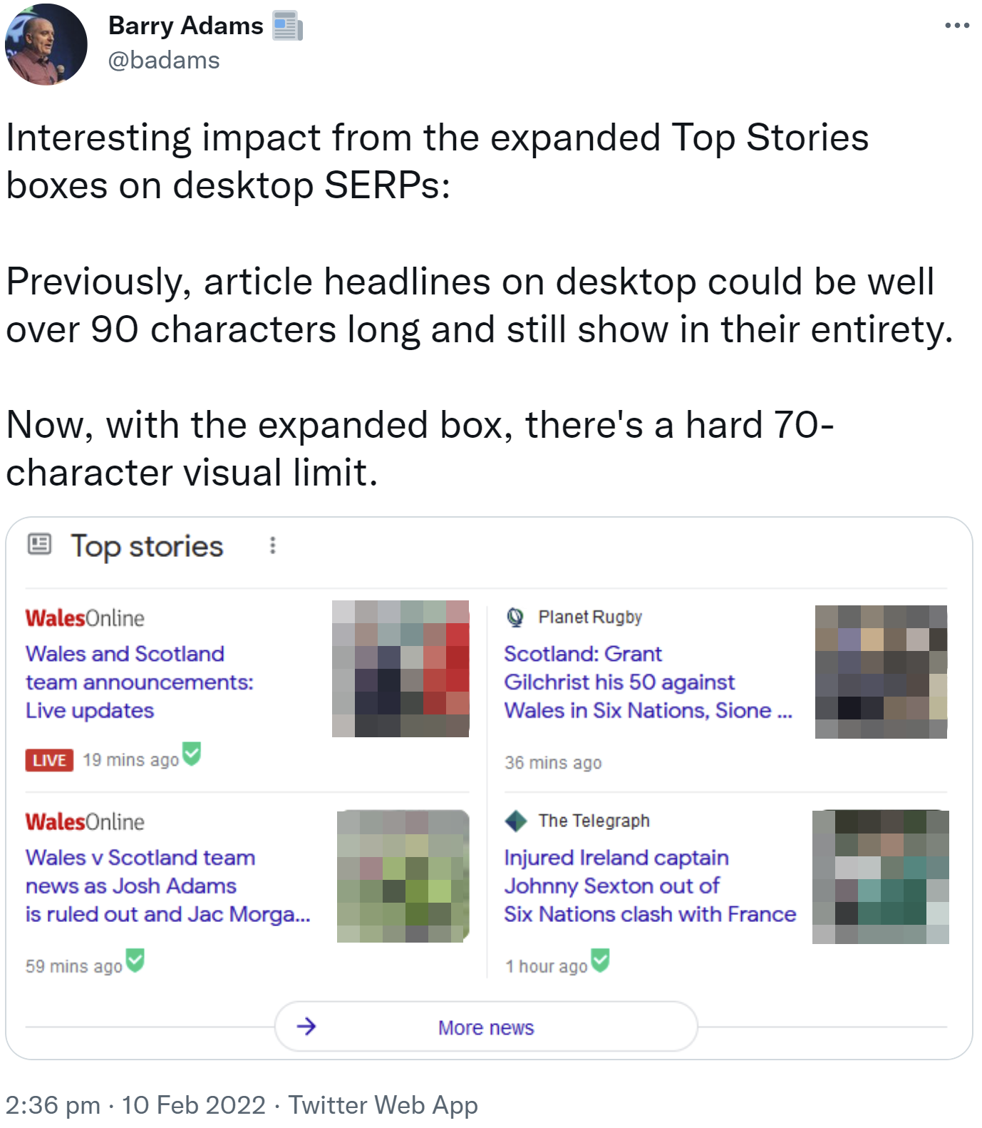 Google: weniger Platz pro Schlagzeile auf dem Desktop durch erweiterte Top Stories