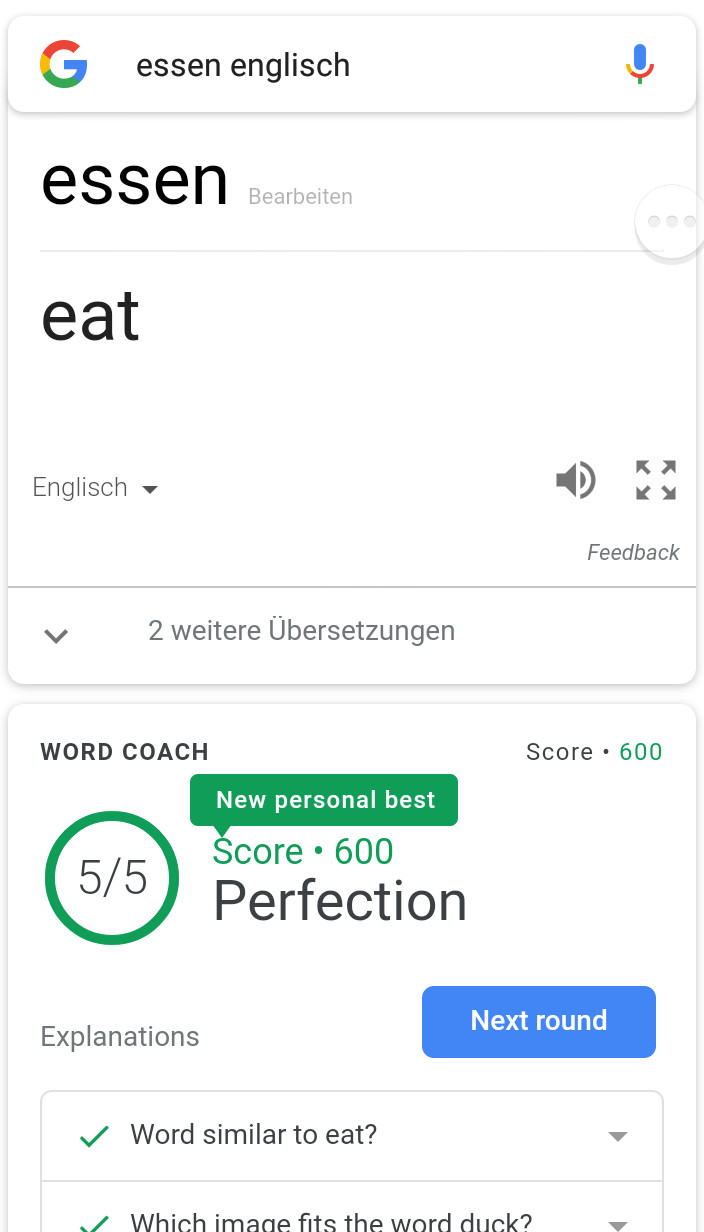 Google Word Coach: Ergebnis