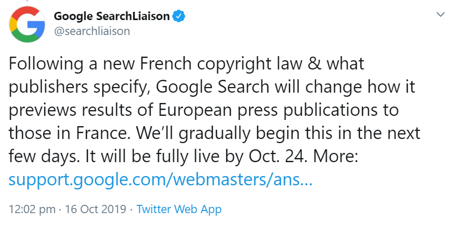 Google zeigt in Frankreich ab dem 24. Oktober für europäische Presseveröffentlichungen nur noch verkürzte Snippets an