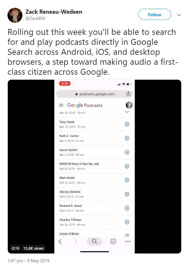 Google zeigt jetzt Podcasts in den Suchergebnissen an