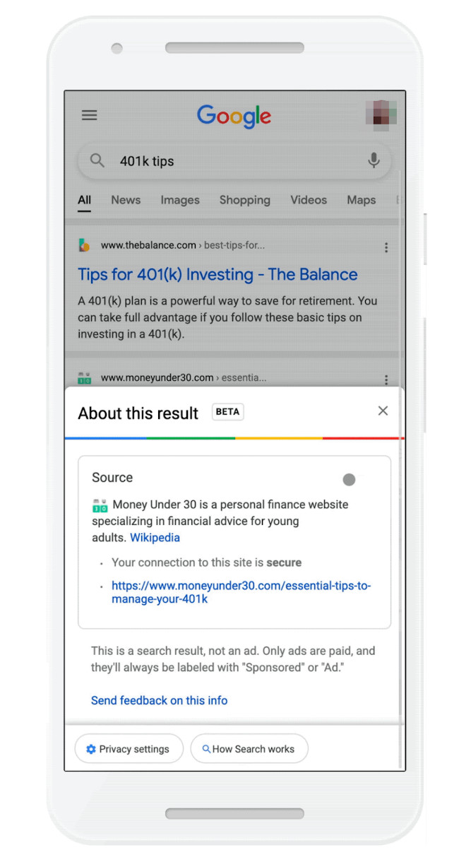 Google: Layer mit zusätzlichen Informationen zu einem Job-Listing