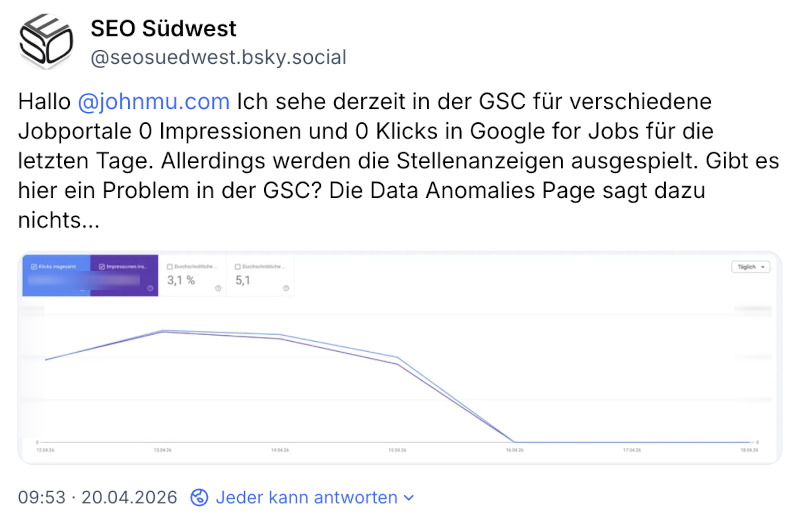 GSC: keine Impressionen und Klicks für Google for Jobs. SEO Südwest auf Bluesky
