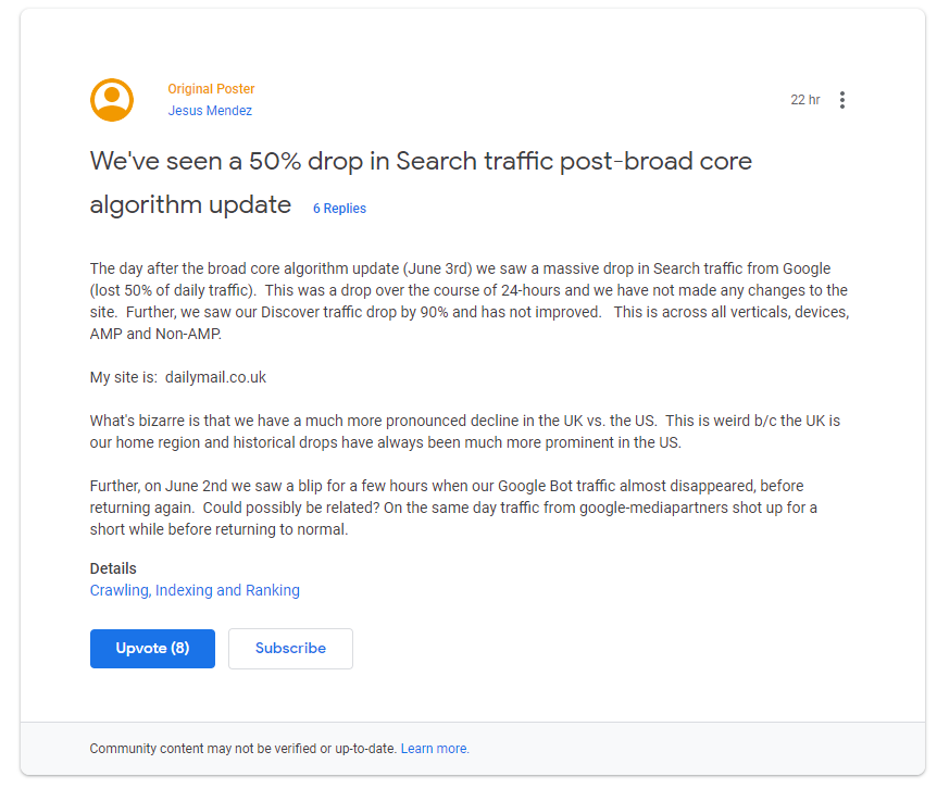 Jesus Mendez von dailymail.co.uk schreibt über deutlichen Traffic-Rückgang nach dem Google Core-Update