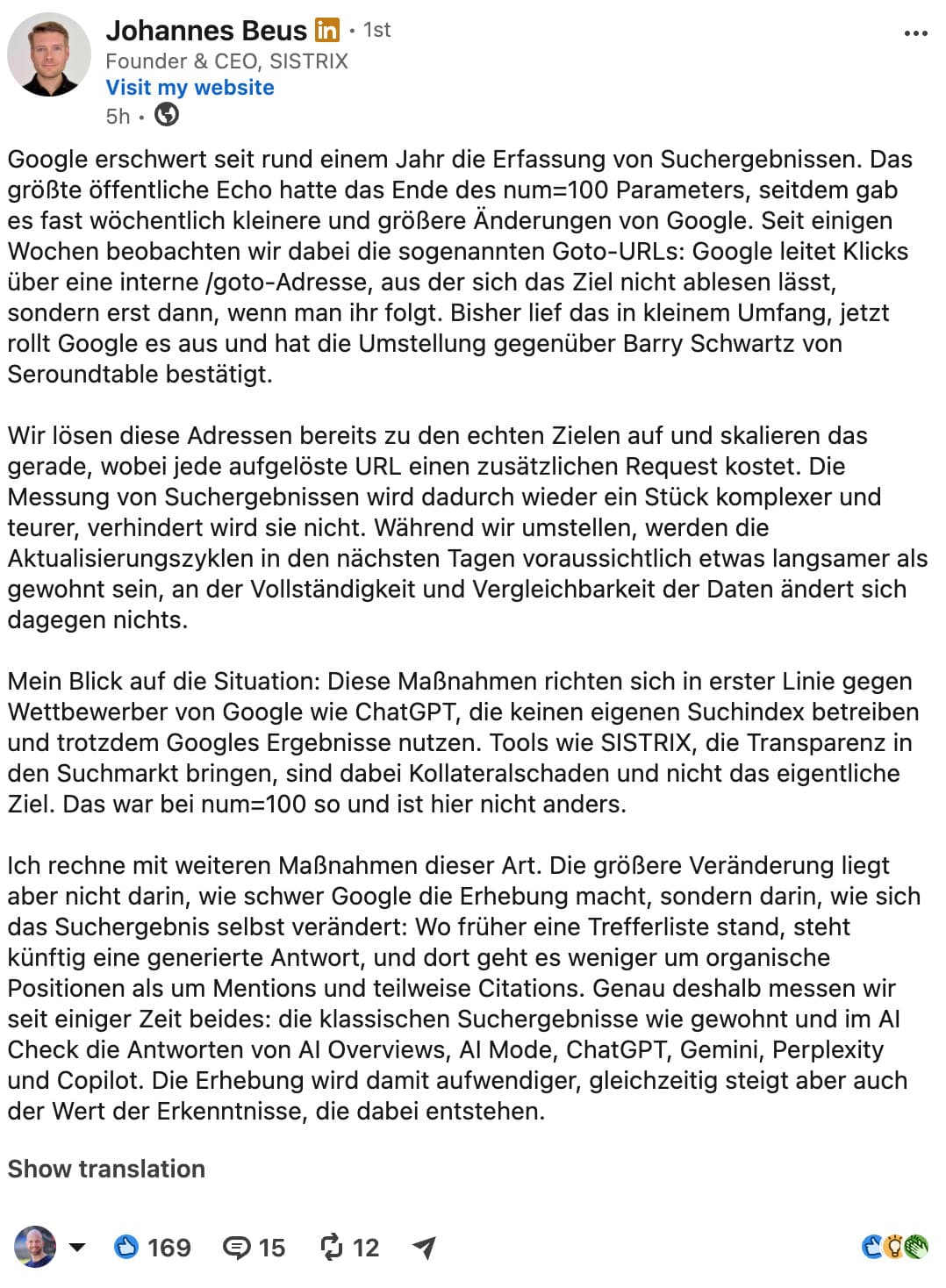 Johannes Beus: Post auf LinkedIn zu Google Goto-Links