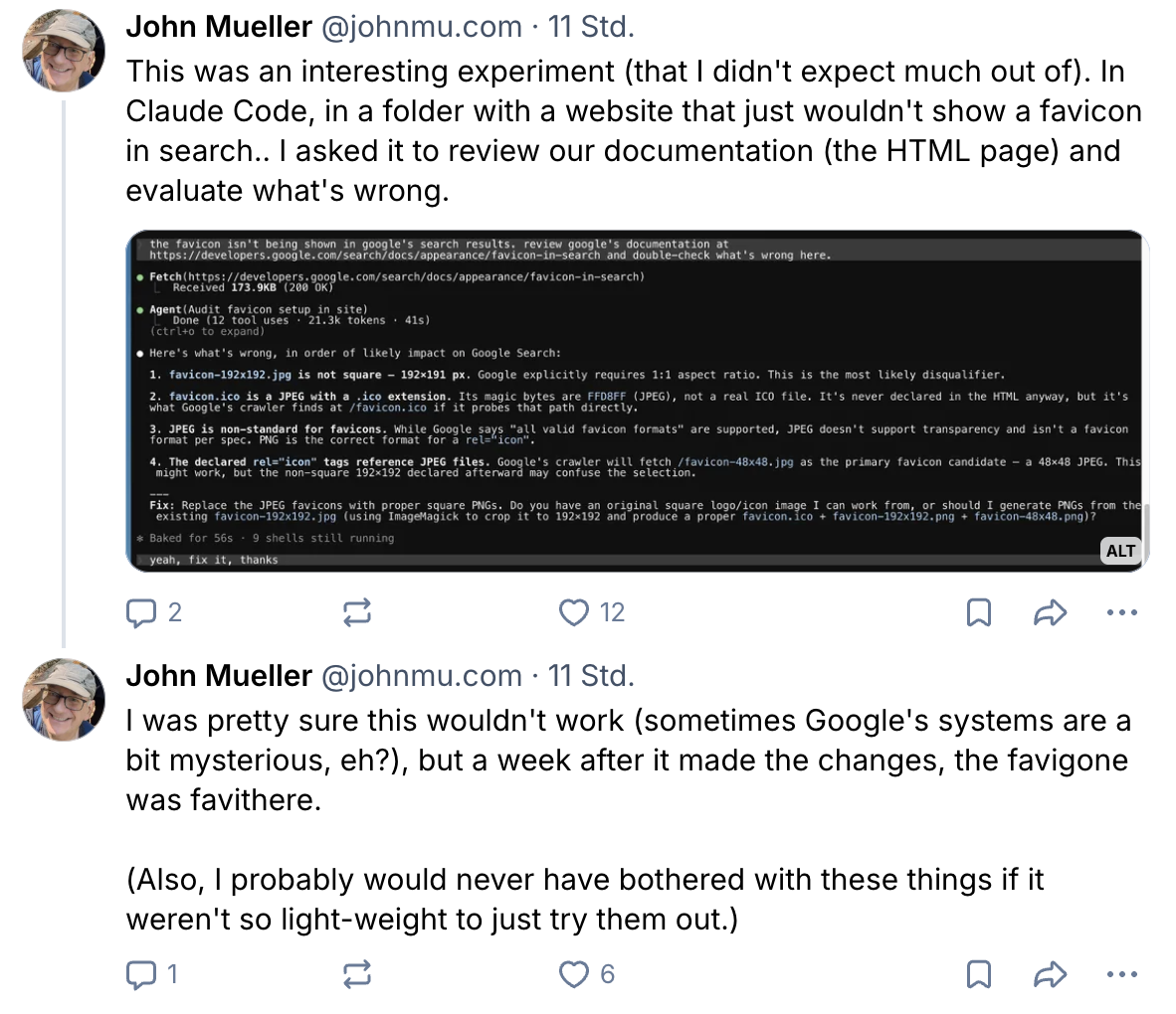 John Müller zu technischer SEO per Claude Code - Post auf Bluesky