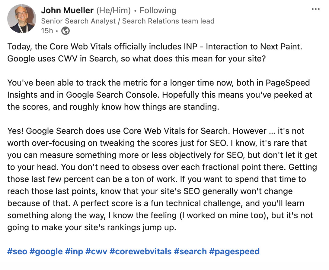 John Müller: Hinweis zur Bedeutung der Core Web Vitals auf LinkedIn