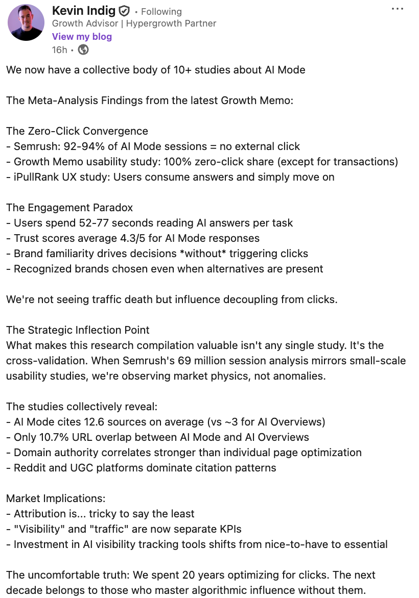 Kevin Indig auf LinkedIn zu Studien über den Google KI-Modus