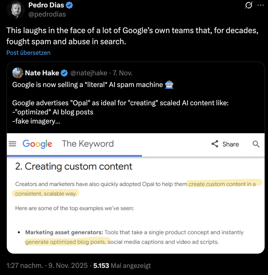 Pedro Dias zu Google Opal auf Twitter