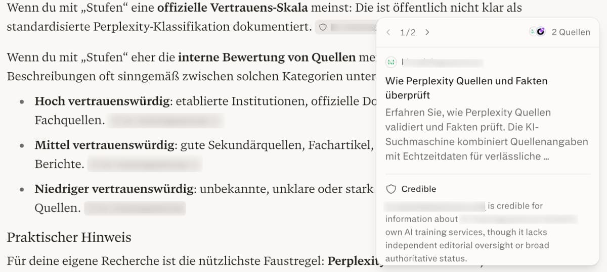 Perplexity: Quelle mit der Kennzeichnung "Credible"
