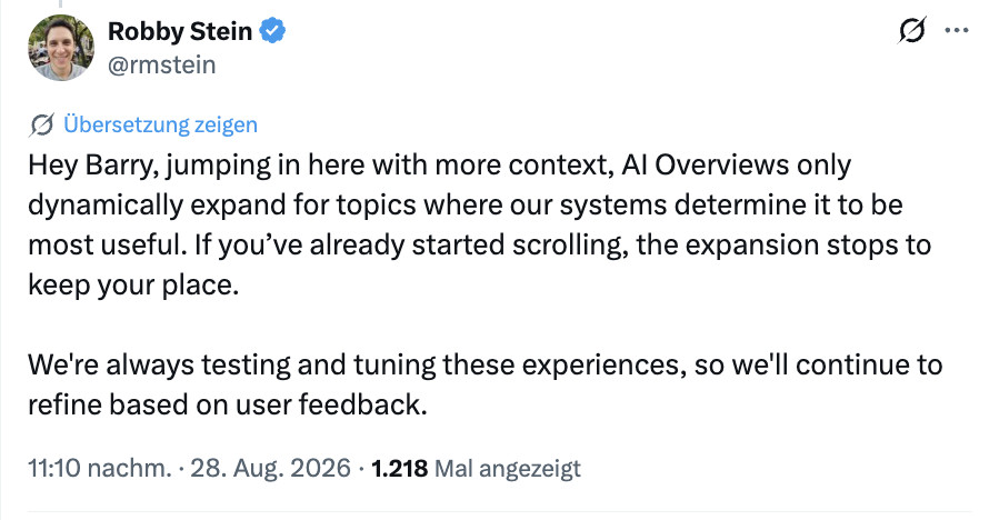 Robby Stein von Google zum automatischen Expandieren der AI Overviews