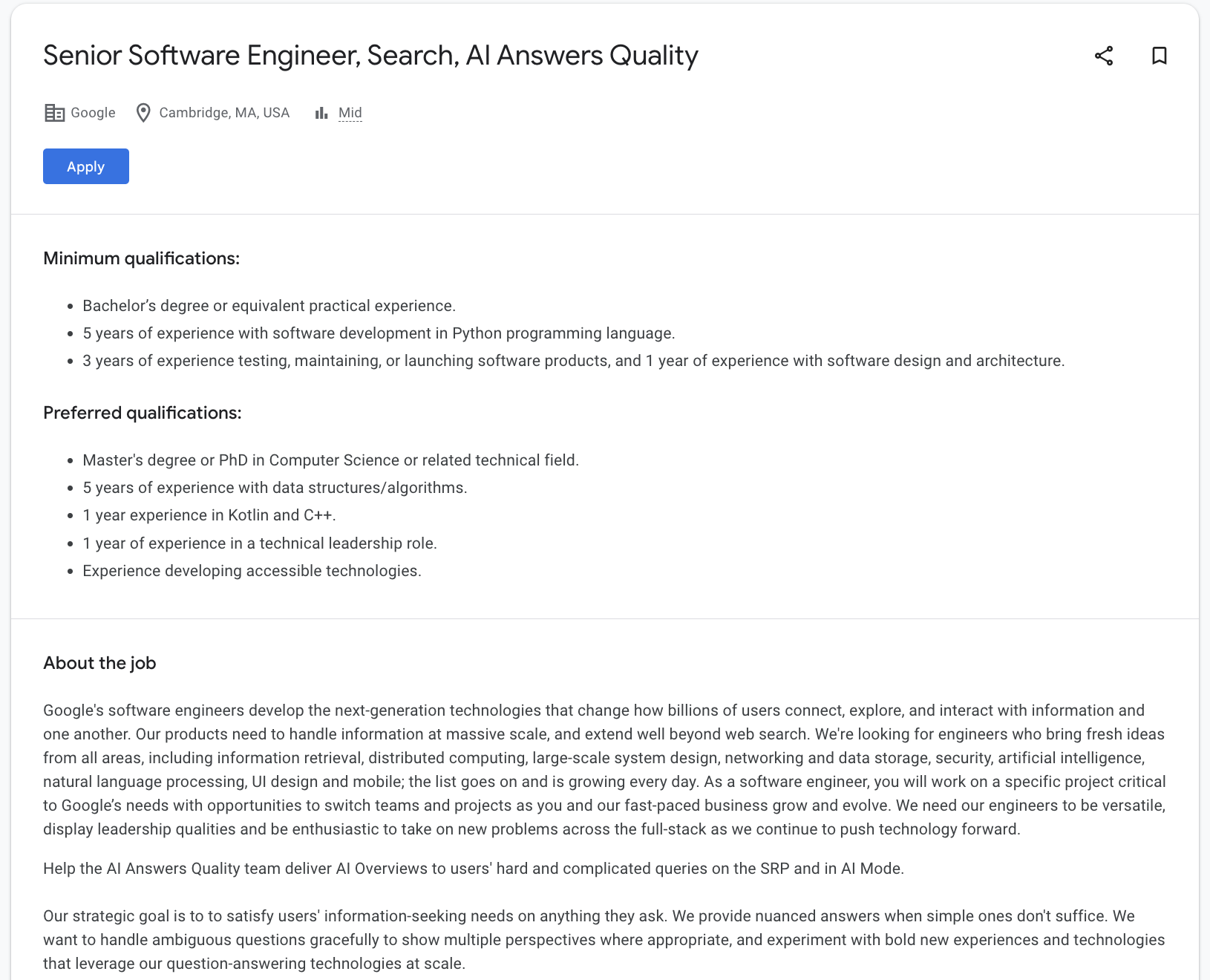 Stellenausschreibung Senior Software Engineer Search Quality