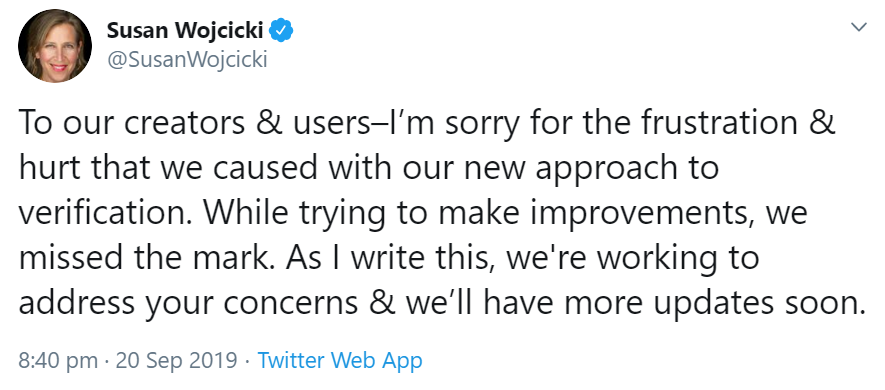 Susan Wojcicki bittet Nutzer wegen geplanter Verifikationsänderungen um Entschuldigung