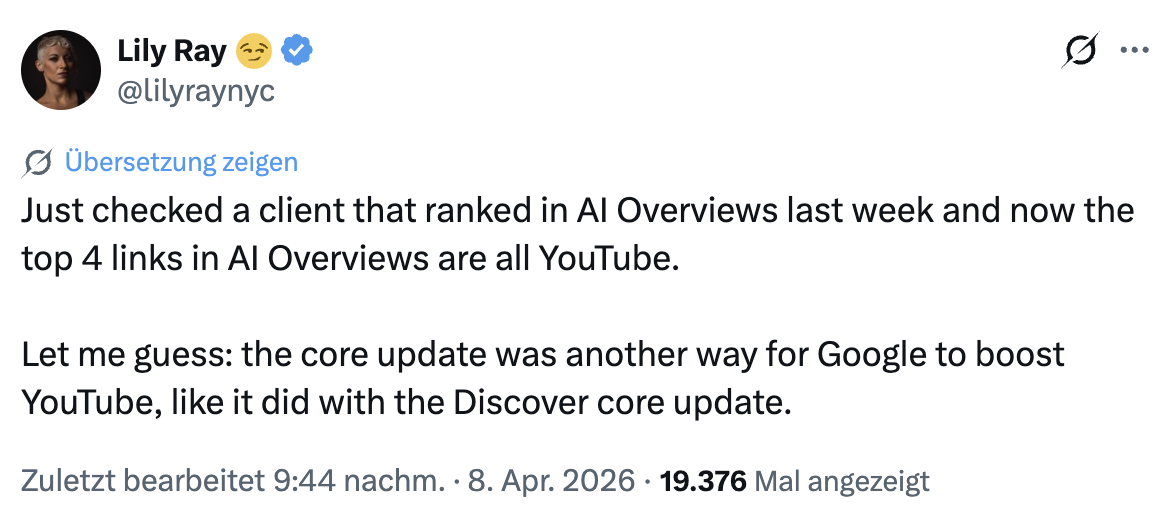 Top-Links in den AI Overviews: YouTube hat seit dem Core Update deutlich zugelegt - Lily Ray auf Twitter