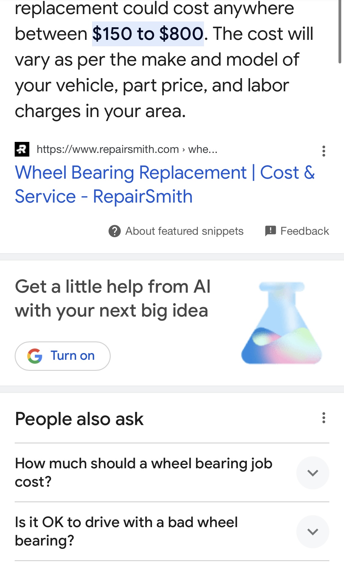 Turn on AI generated answers showing mobile Google search außerhalb von SGE