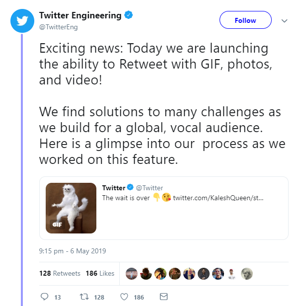 Twitter jetzt mit der Möglichkeit, GIFs, Fotos und Videos in Retweets einzubinden