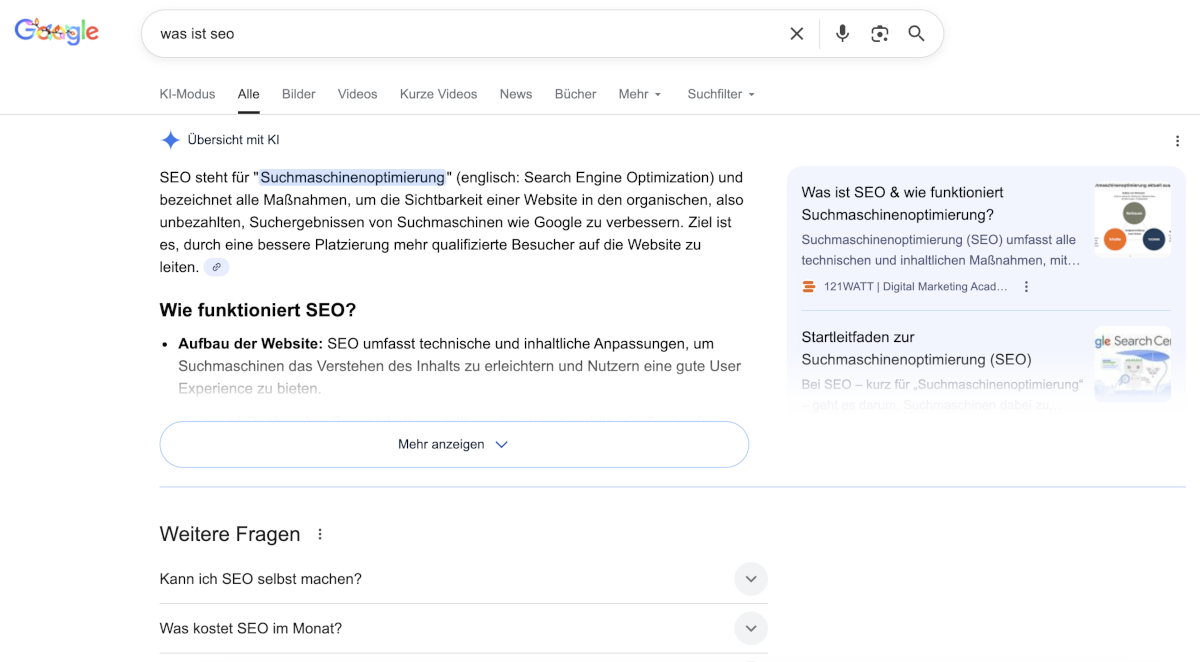 Google: Suchergebnis mit AI Overview in Chrome